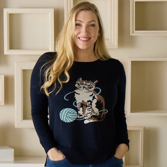 Astrologie Cat Ball of Yarn Pullover Intarsia Navy Blue Sweater size Large - Picture 11 of 12
